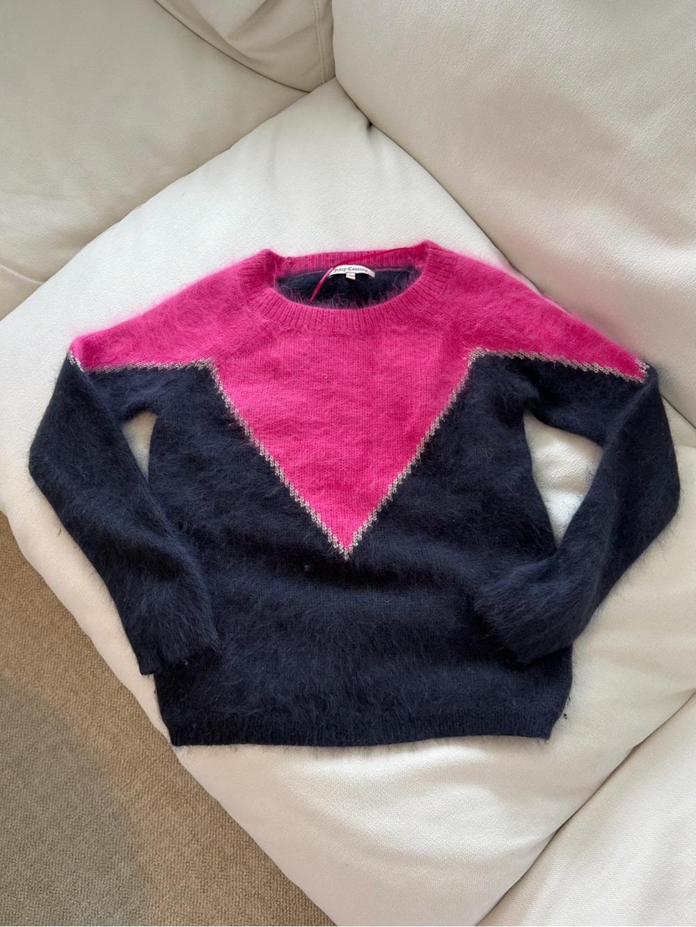 Juicy Couture Pink and Black Mohair Chevron Crewneck Sweater